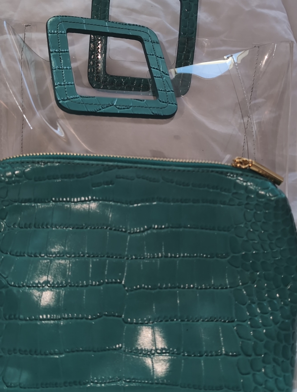 STAUD Teal Croc-Embossed Tote with Clear Overlay